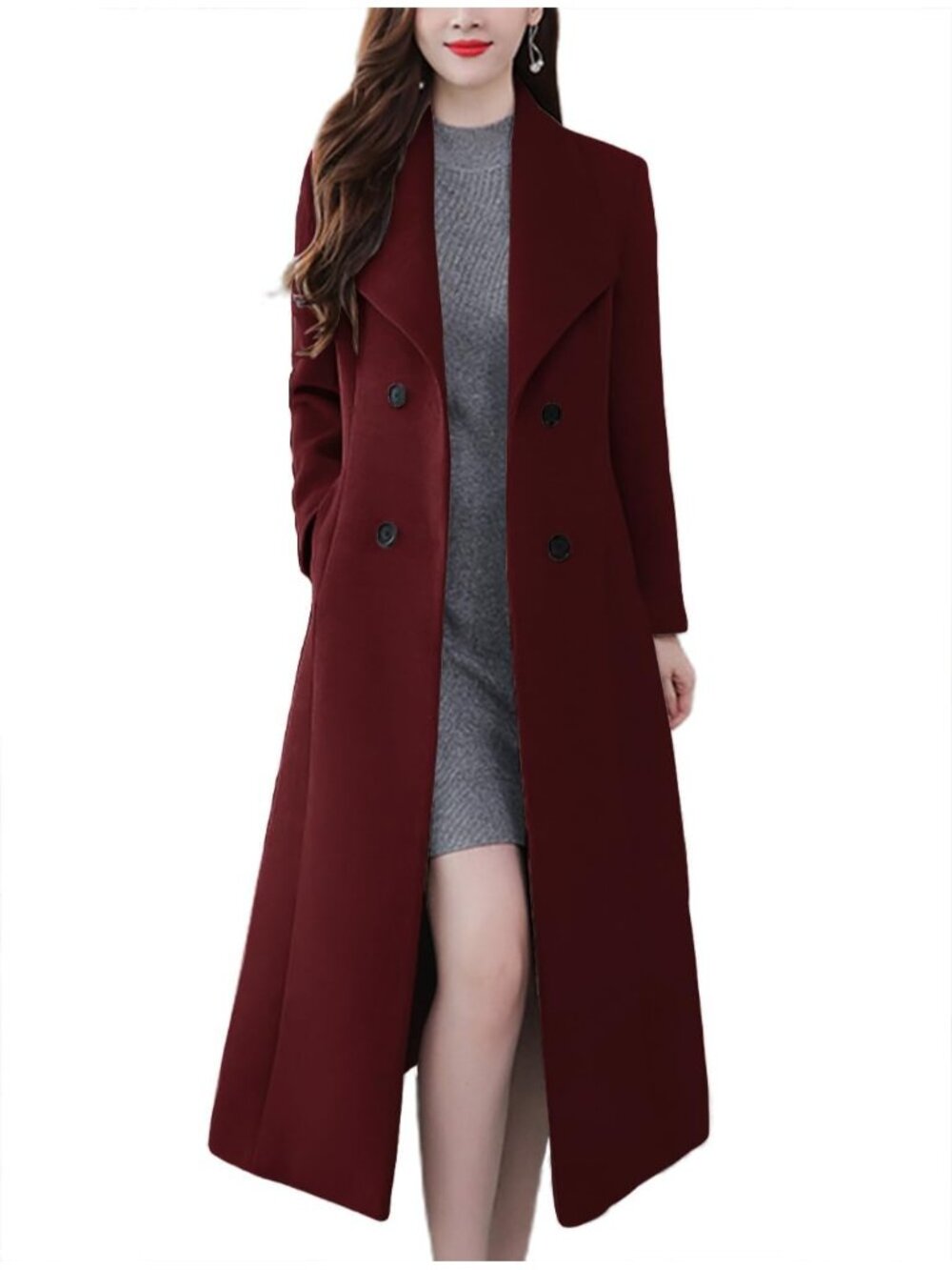 Women's Maroon Wool Maxi Long Shawl Collar Double Breasted Classic Trench Coat